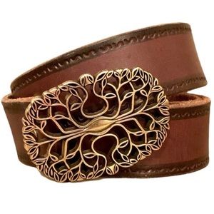 Italian leather belt brown ornate buckle made in USA large EUC